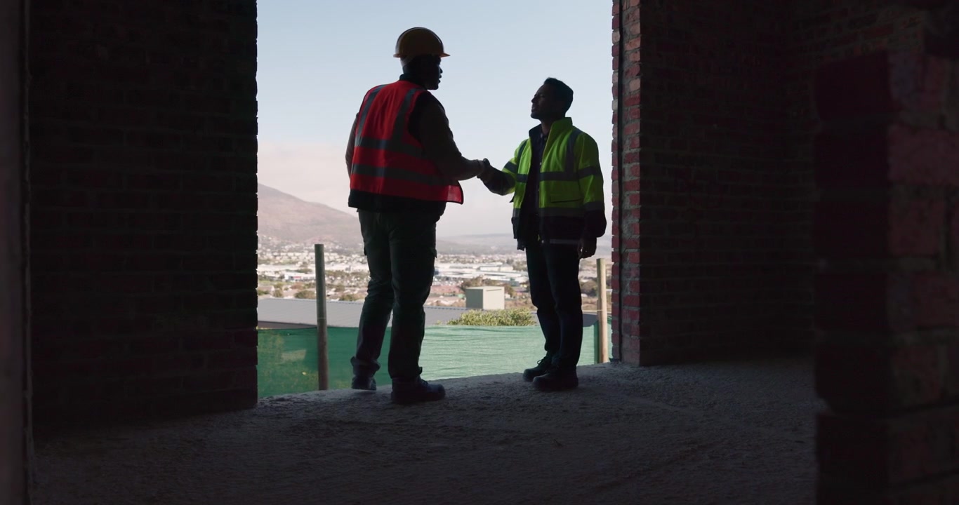 Construction Workers Shaking Hands at Building Site