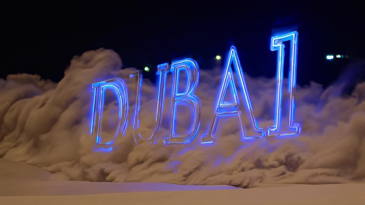 Glowing neon Dubai sign rising from dense clouds of dust at night, creating a captivating scene filled with mystery and intrigue, illuminating the urban landscape with vibrant colors