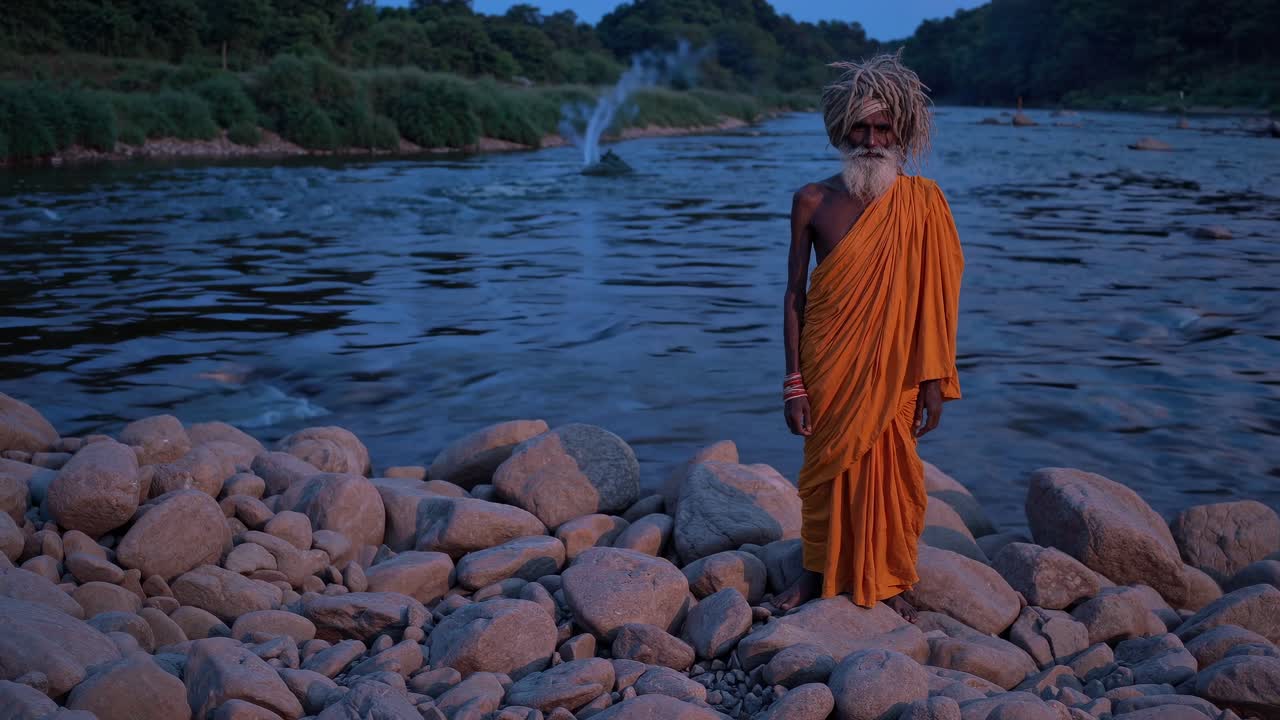 Elderly sadhu with long dreadlocks and orange robes stands on a rocky riverbank at dusk, contemplating the flowing water, creating a serene and spiritual atmosphere