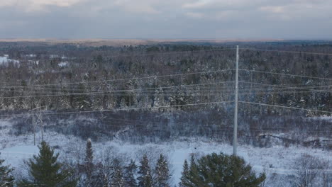 high voltage power lines in a rural winter forest landscape, aerial