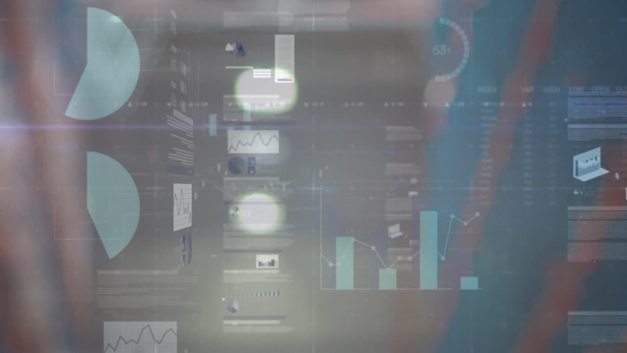 animación del procesamiento de datos financieros con luces desenfocadas