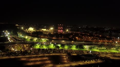 rabat city at night, hassan tower, and the bouregreg river - morocco