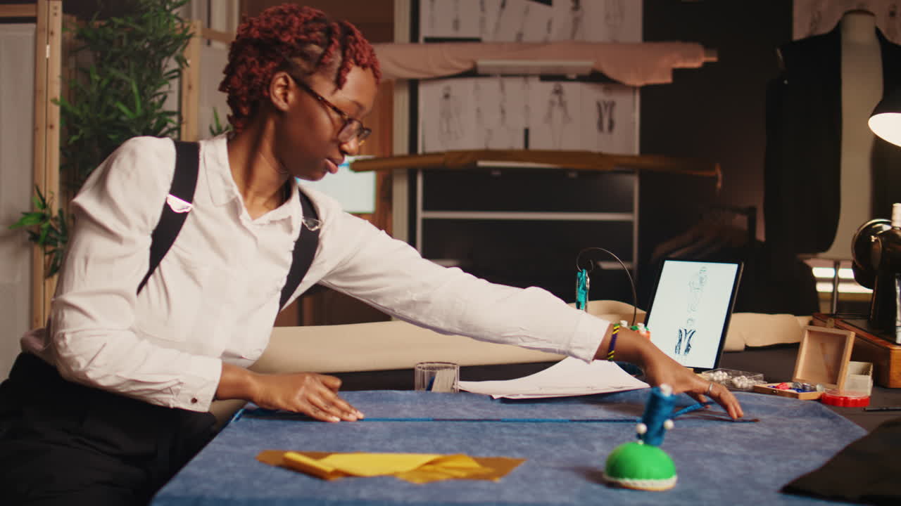 Seamstress using measuring tape