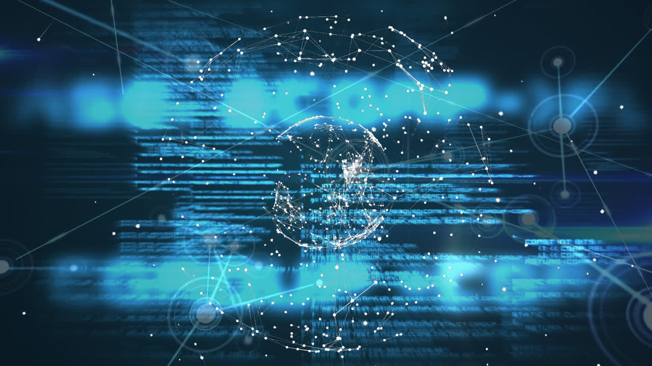 회전하는 지구의 애니메이션과 연결 네트워크를 통해 데이터 처리