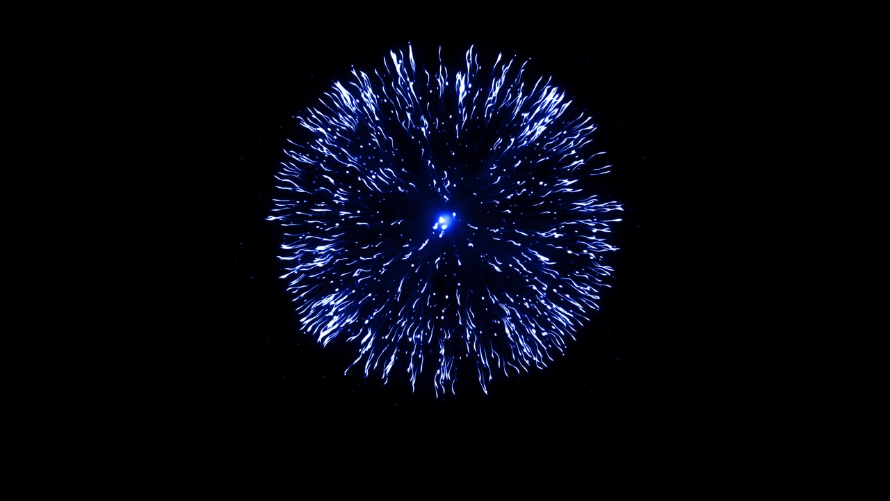 Un grande fuoco d'artificio sferico blu esplode su uno sfondo nero. Perfetto per grandi finali e sovrapposizioni per le feste.