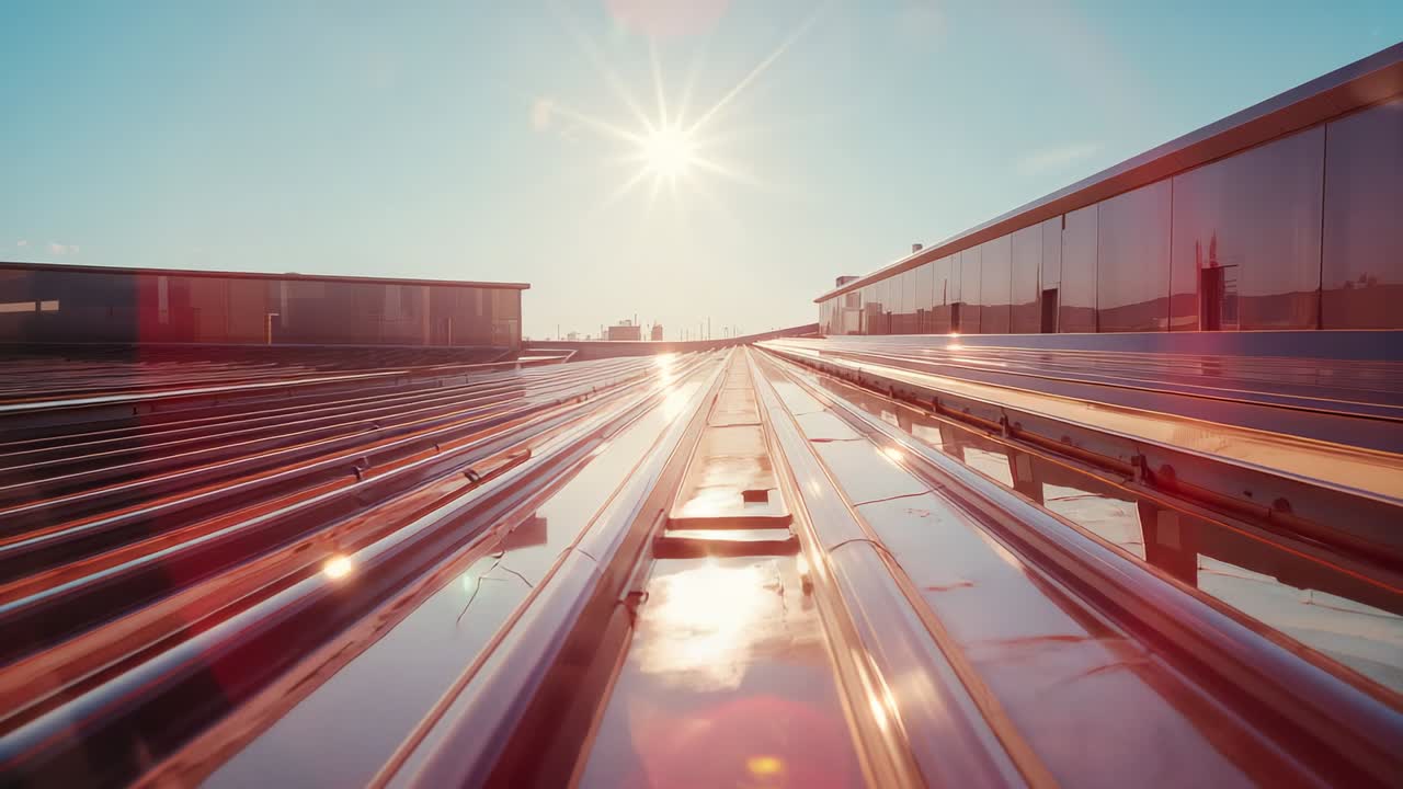 Capturing sun glare on metal roof, camera gliding along rails showing shifting reflections, rooftop
