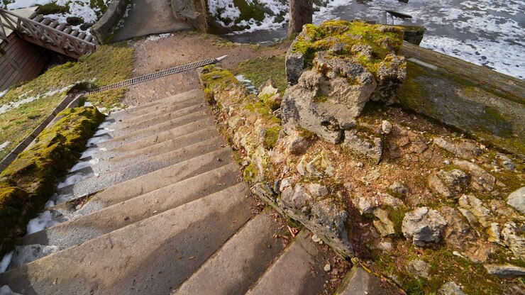 Stone stairs descending beside a crumbling moss-covered wall with loose rubble and traces of snow, showing worn historic masonry, unsafe edges, and early spring thaw.