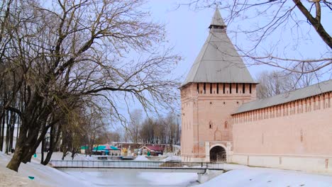 winter scene of a historical fortress with tower