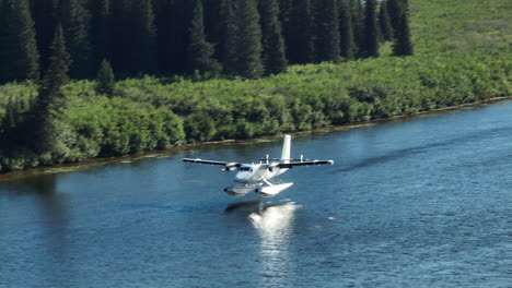 Increíble-Toma-De-Seguimiento-Después-De-Un-Hidroavión-Aterrizando-En-Un-Río-En-Labrador,-Canadá