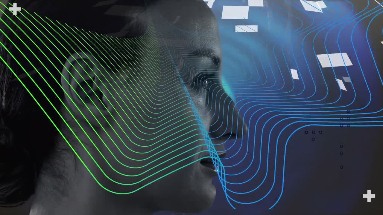 Animation of glowing blue and green network of connection over woman's face