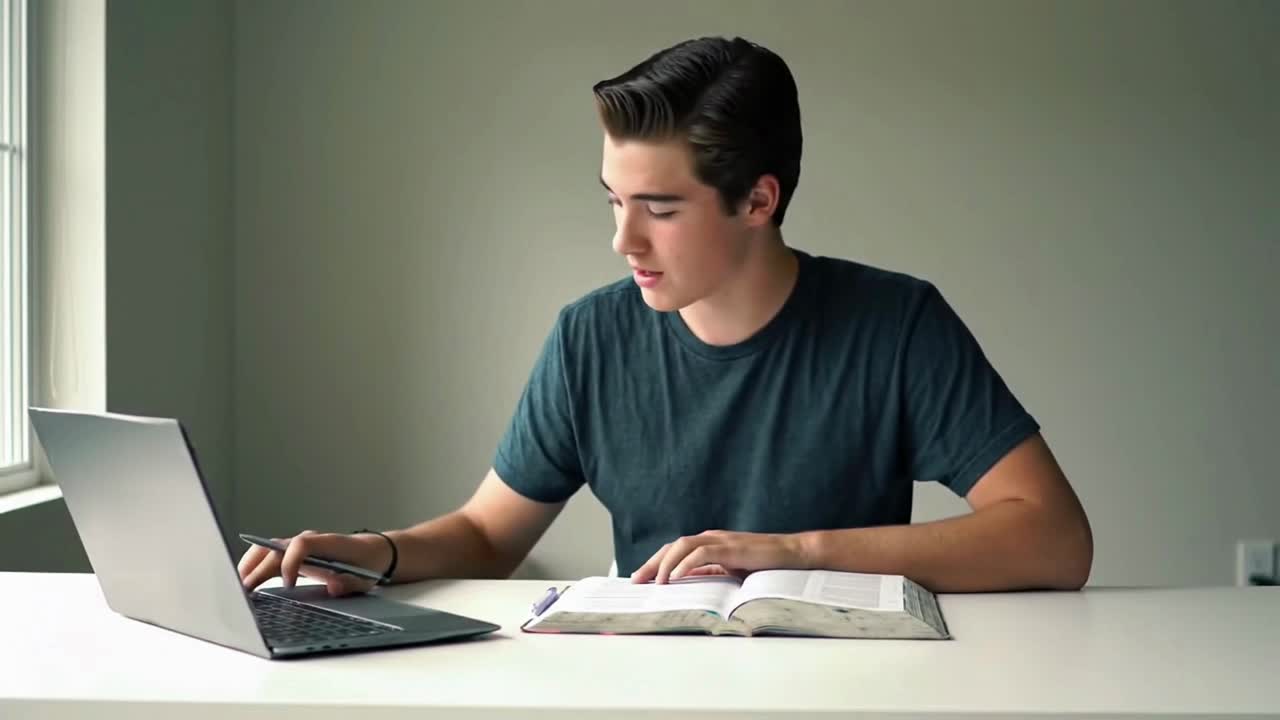 Teenager studying with laptop and bible
