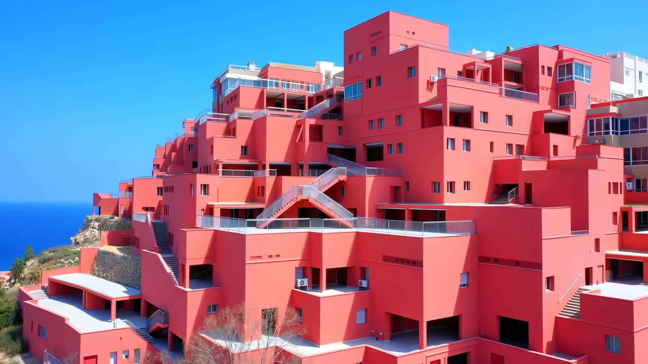 Complexo de Apartamentos Geométricos Vermelho Vibrante em uma Costa Ensolarada