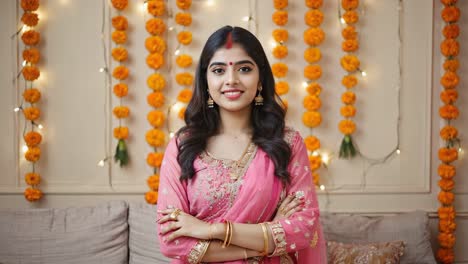 beautiful indian woman wearing traditional pink dress with golden embroidery and jewelry posing with crossed arms in a decorated home during diwali festival
