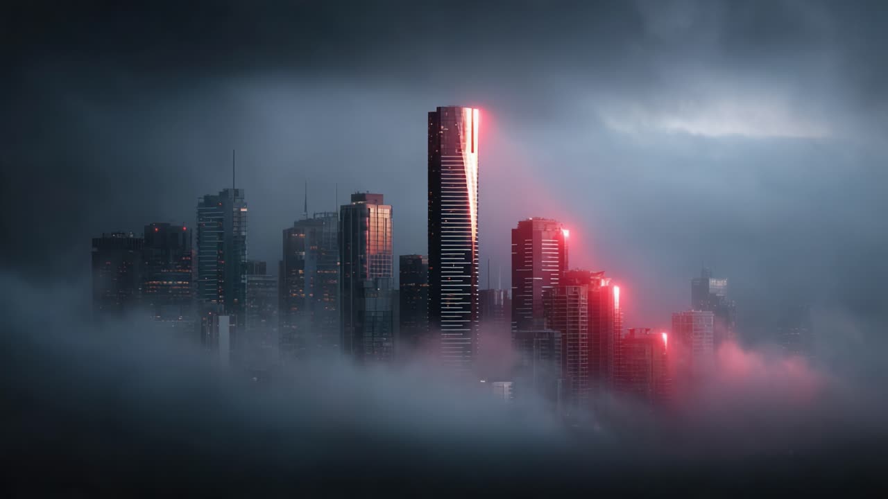 Mysterious Urban Landscape: A Majestic Skyscraper Emerges from the Fog, Bathed in Dazzling Red Lights Against an Overcast Skyline