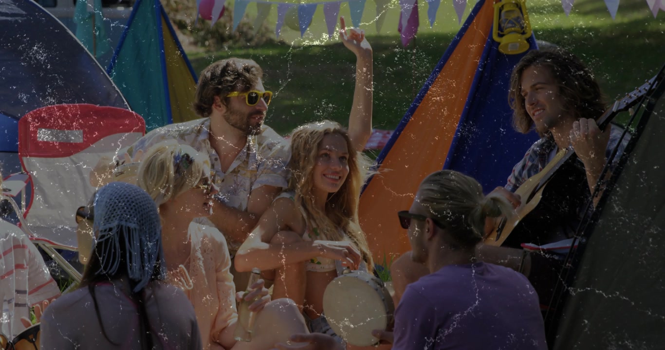 Friends responding to bongo cue, clapping, passing bottles, guitarist joining, celebrating music