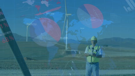 animation of statistics and data processing over wind turbines and engineer on blue background