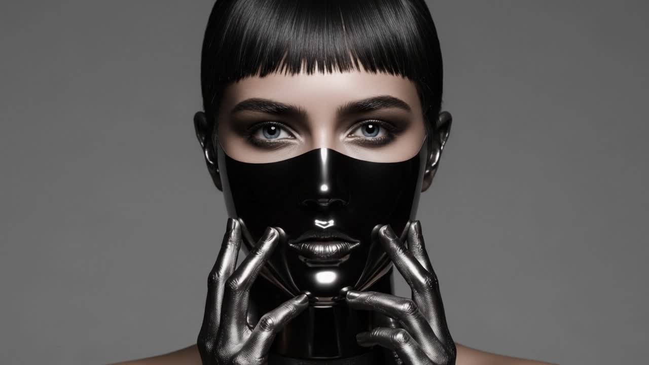 A captivating close-up of a model adorned with glossy black elements, showcasing striking features and a metallic mask that enhances the enigmatic allure of the image