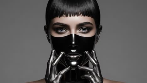 a captivating close-up of a model adorned with glossy black elements, showcasing striking features and a metallic mask that enhances the enigmatic allure of the image