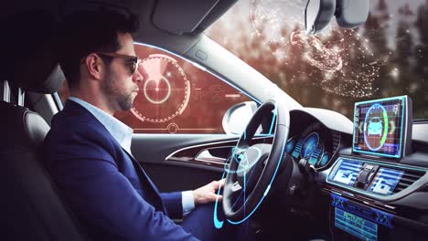 animation of digital interface over businessman in self-driving car