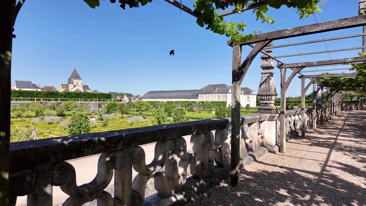 Ampia veduta dei giardini ornamentali dello Château de Villandry che mostrano le classiche tradizioni paesaggistiche francesi.