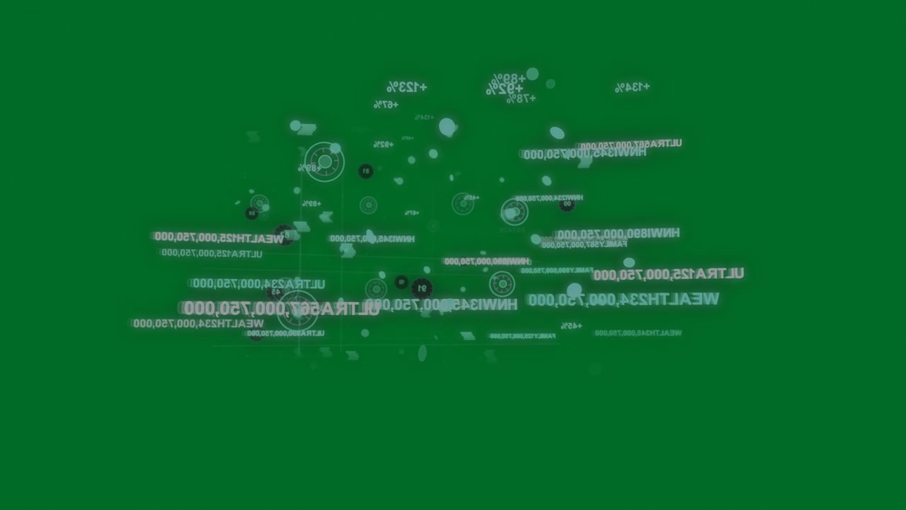 Faint cluster starting data panel, text brightening, dots rising, forming transparent HUD for data