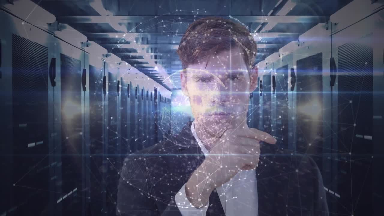 animación de un hombre caucásico vestido con un traje y usando una pantalla interactiva 3d con un modelo de globo