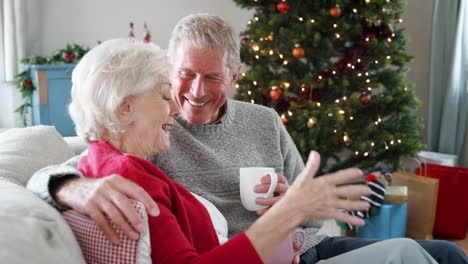 Cerca-De-Una-Pareja-Mayor-Sentada-En-Un-Sofá-Con-Una-Bebida-Caliente-En-Casa-Y-Charlando-Con-Un-árbol-De-Navidad-En-Segundo-Plano.