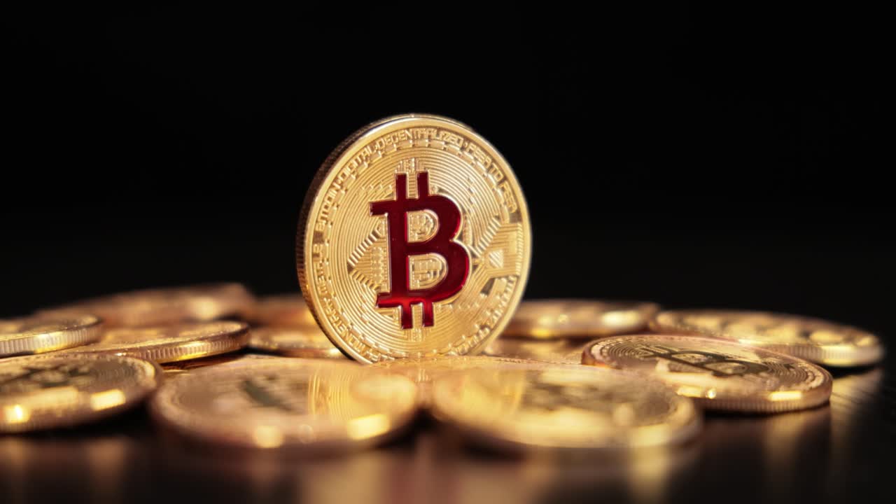 Gold Bit Coin BTC Cryptocurrency Coins on a black background. Bitcoin is a worldwide cryptocurrency and digital payment system called the first decentralized digital currency.