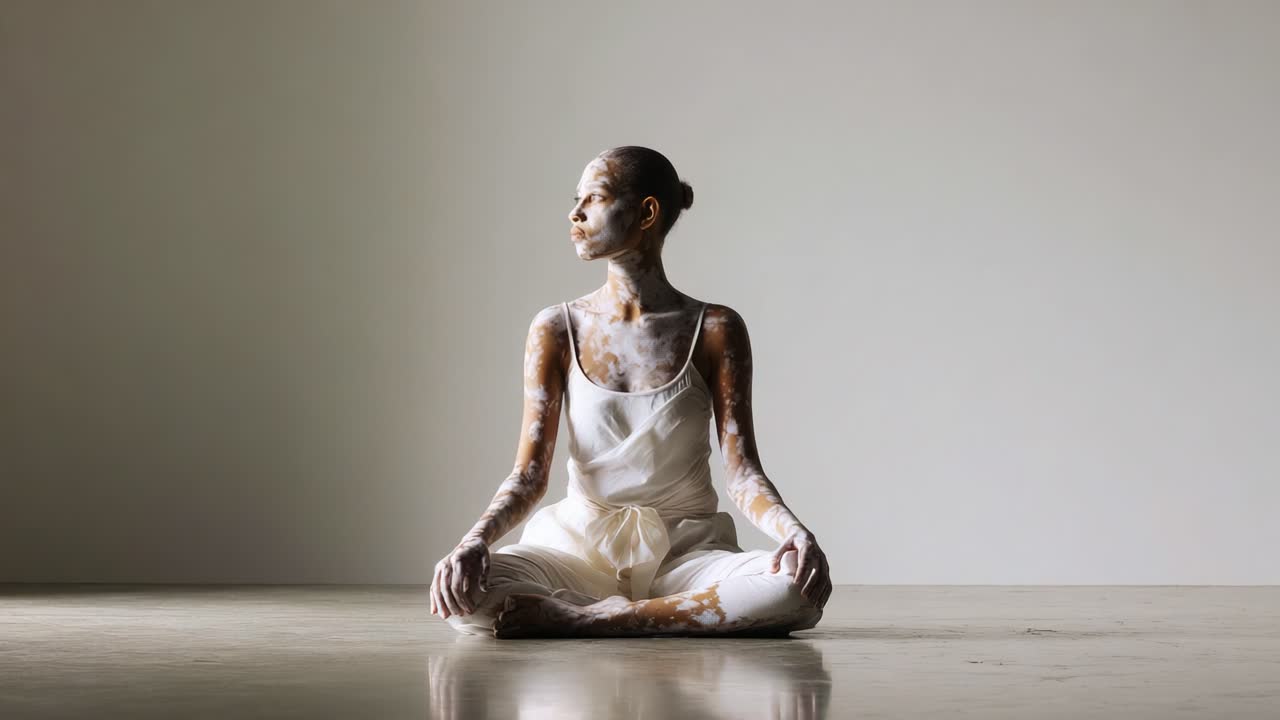 A Serene Portrait of a Contemplative Figure in a Minimalist Space, Showcasing the Emotional Depth and Expression Appointed by Artistic Body Painting Techniques