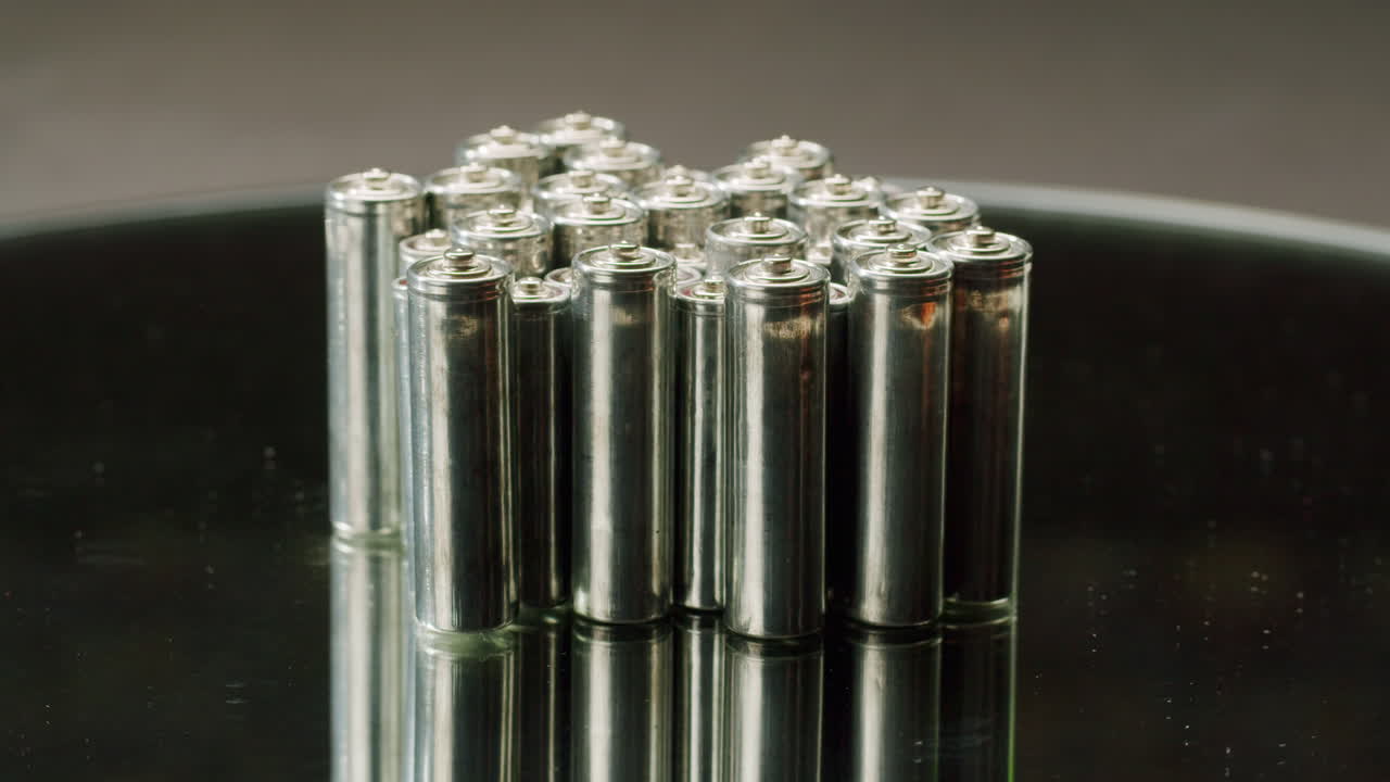 Silver batteries AA and AAA on black background close-up. Double-A battery is a standard size single cell cylindrical dry battery. Batteries are common in portable electronic devices. An AA battery is composed of a single electrochemical cell that may be either a primary battery or a rechargeable ba