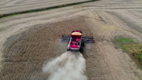 farm combine harvesting soybeans on a midwestern farm field, aerial drone