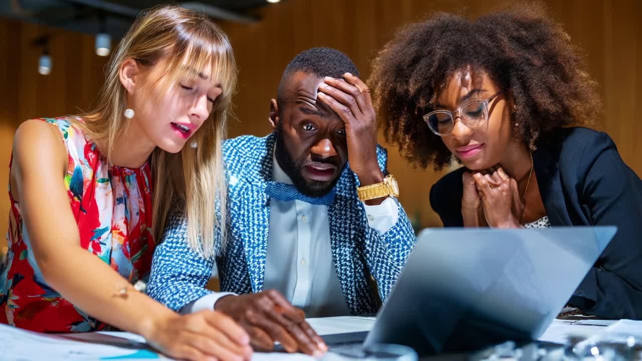 A group of three professionals appears stressed while analyzing data on a laptop, showcasing the pressures of modern work environments and collaborative problem-solving