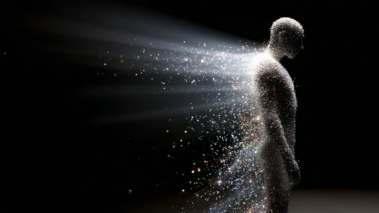 Ethereal Transformation: A Visually Striking Representation of a Human Figure Dispersing into Stardust, Highlighting the Mystical Nature of Existence and the Connection Between Humanity and the Universe