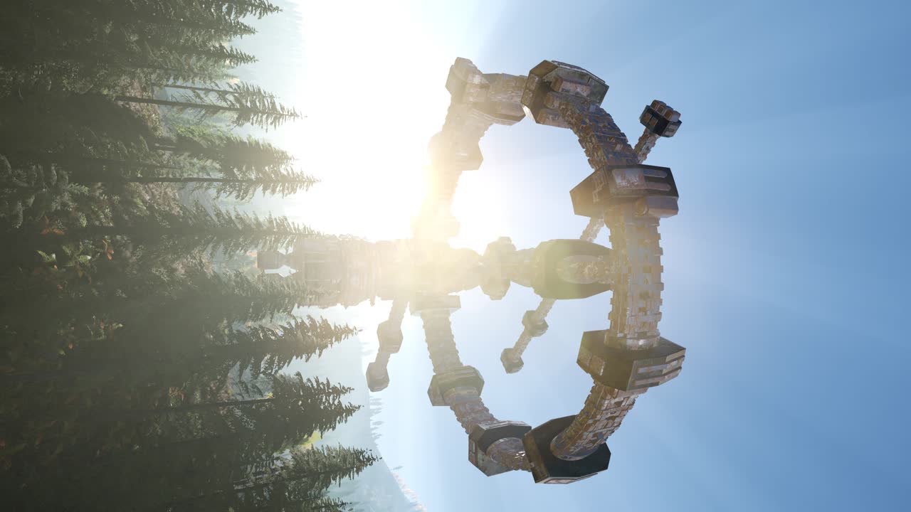 해가 지면서 숲 위를 떠다니는 ufo와 함께 빛의  ⁇