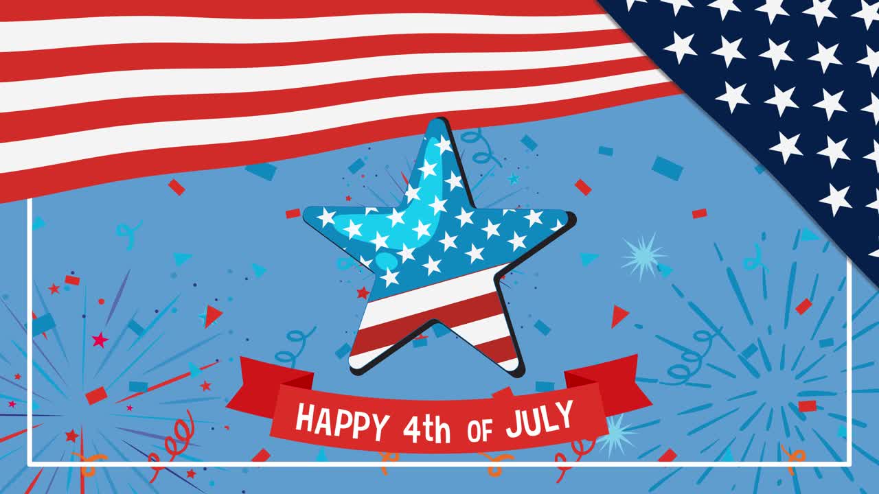 Animated celebration of Independence Day with American flag, star, and fireworks. Vibrant colors and dynamic transitions create a festive mood