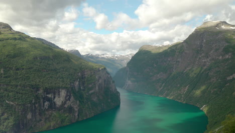 bird's eye view of geiranger fjord with calm green water by the mountains at daytime in norway