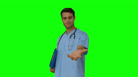 Young-doctor-presenting-with-hand