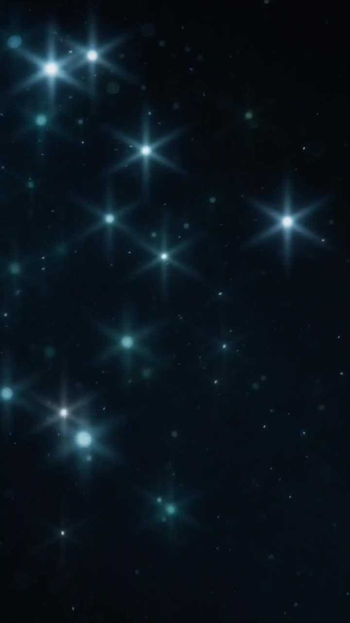 Estrellas mágicas parpadeantes y partículas brillantes sobre un fondo oscuro.