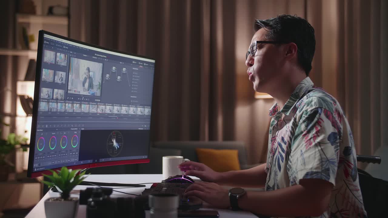 hombre editando video en casa por la noche