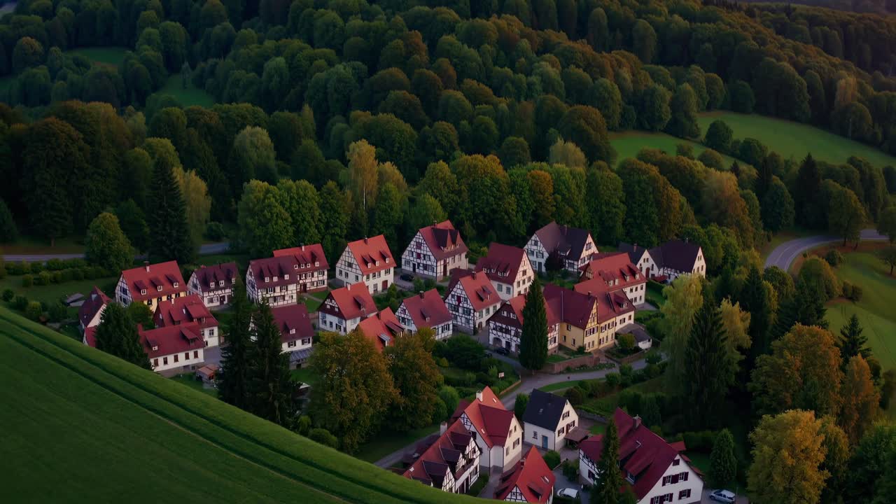 Aerial view of a quaint village surrounded by lush greenery, captured ...