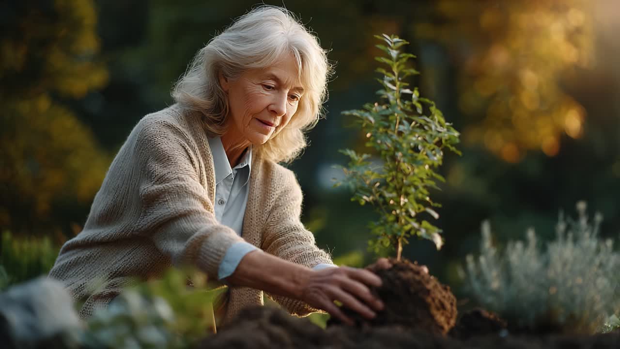 An elderly woman lovingly plants a young tree in her garden, demonstrating care for nature and the importance of nurturing the environment for future generations