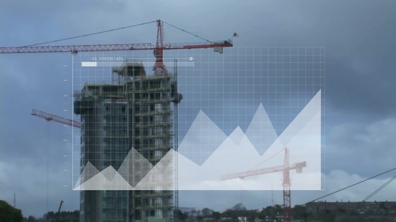 Construction site with cranes and building, financial growth chart animation over