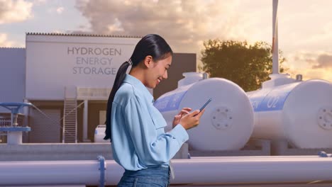 vista lateral de una trabajadora profesional asiática de pie con su teléfono inteligente en una fábrica de hidrógeno verde, instalación industrial de alta tecnología, revisando su teléfono inteligente con meditación