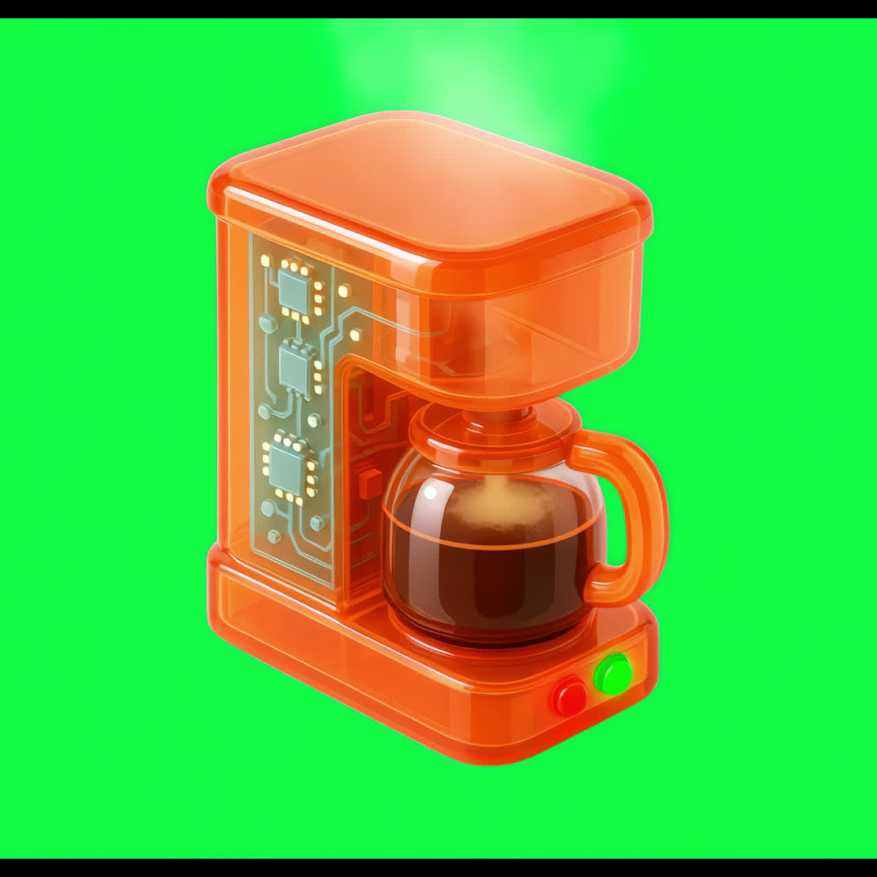 Transparent coffee maker with circuitry animation isolated asset, transparent 4K video, alpha