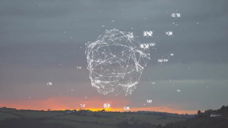 animating geometric network and data points over sunset landscape