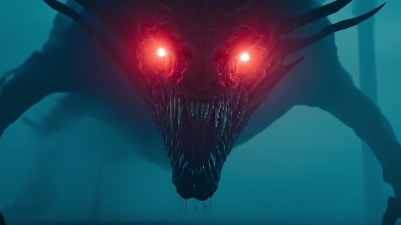 A demonic creature with red eyes in the dark