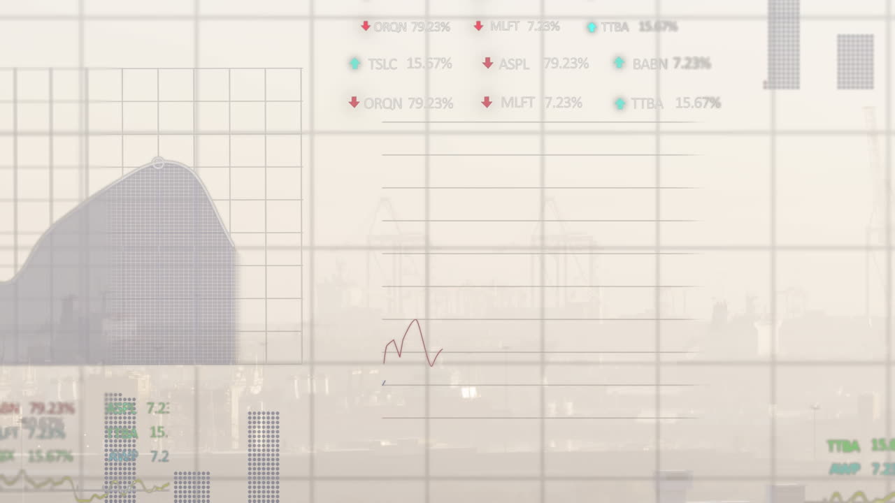 animación del procesamiento de datos estadísticos y bursátiles frente a una vista aérea del paisaje urbano