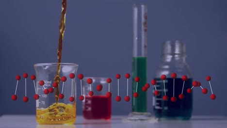 Animation-Eines-DNA-Strangs,-Der-Sich-über-Becher-Mit-Chemischen-Maßeinheiten-Dreht