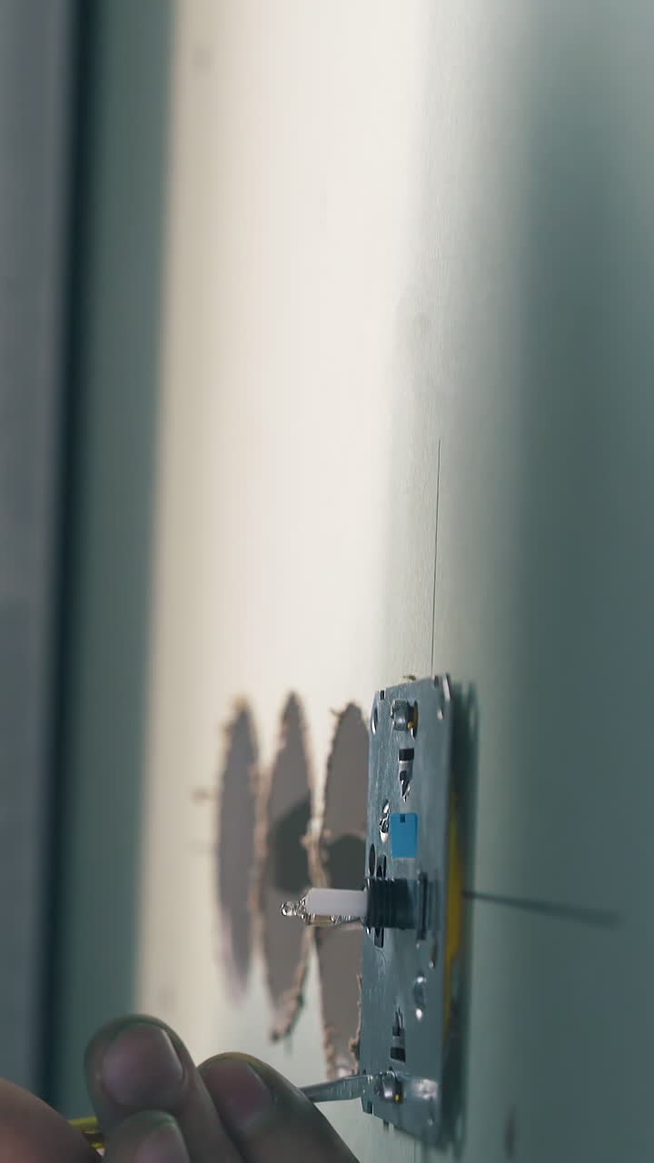 CU: skilled builder in plastic goggles installs plug on light green wall using screwdriver in repairing room close view