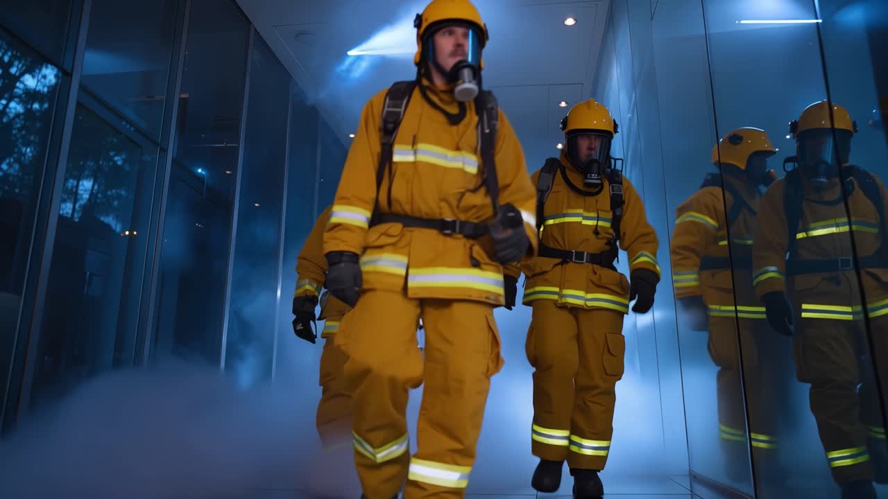 Brave firefighters navigating through thick smoke in a modern building, showcasing the challenges and dangers faced during rescue operations and firefighting efforts